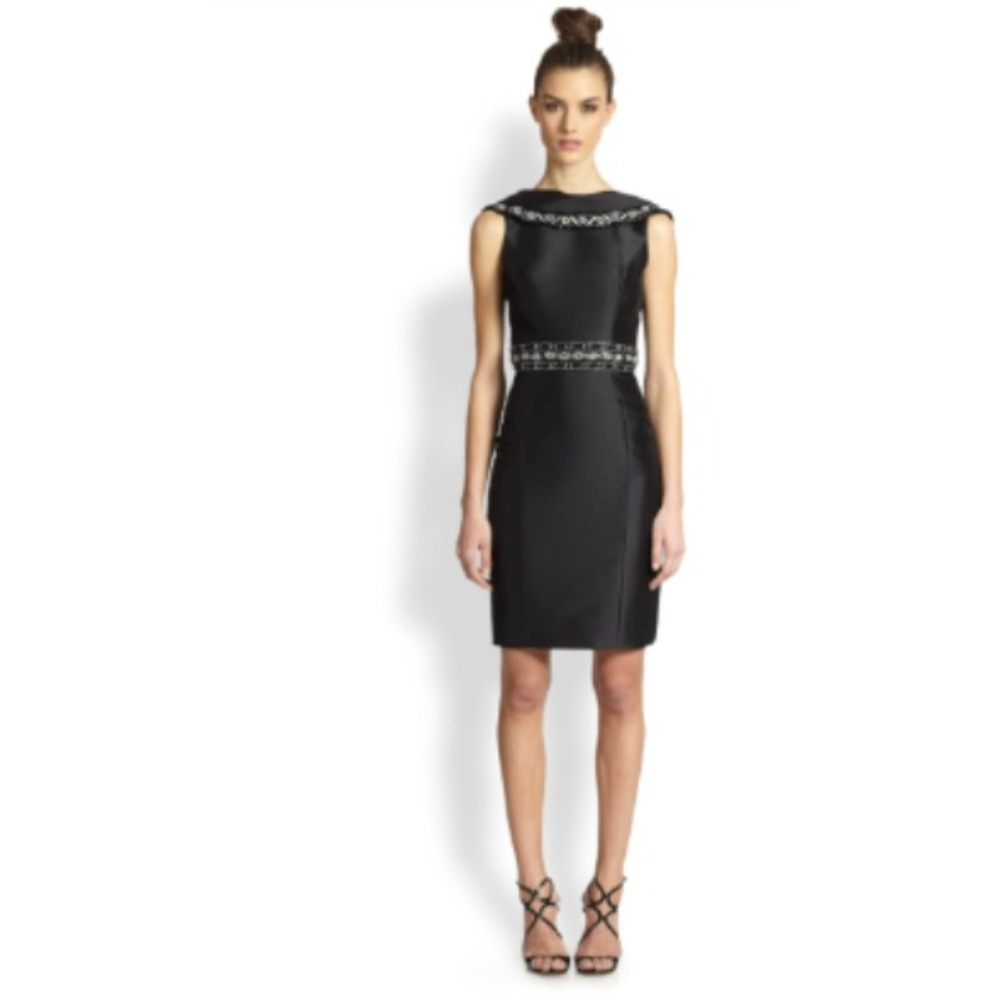 THEIA Women's 4 Dress  Black Satin Open Back Beaded Cocktail Sheath Collared NWT